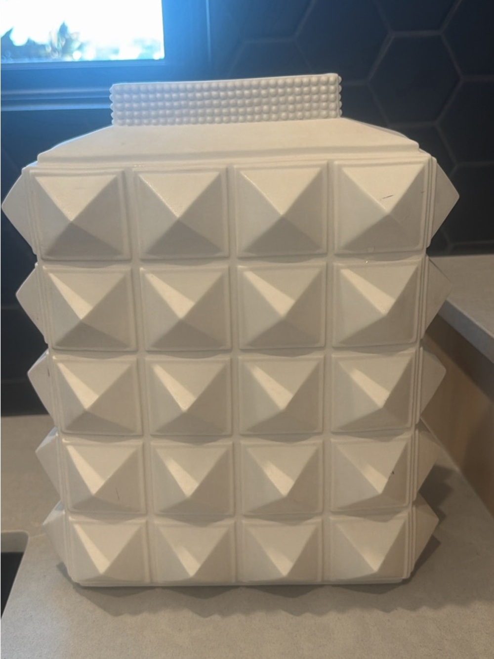 Jonathan Adler White Geometric Ceramic Vase with Raised Pyramid Pattern
